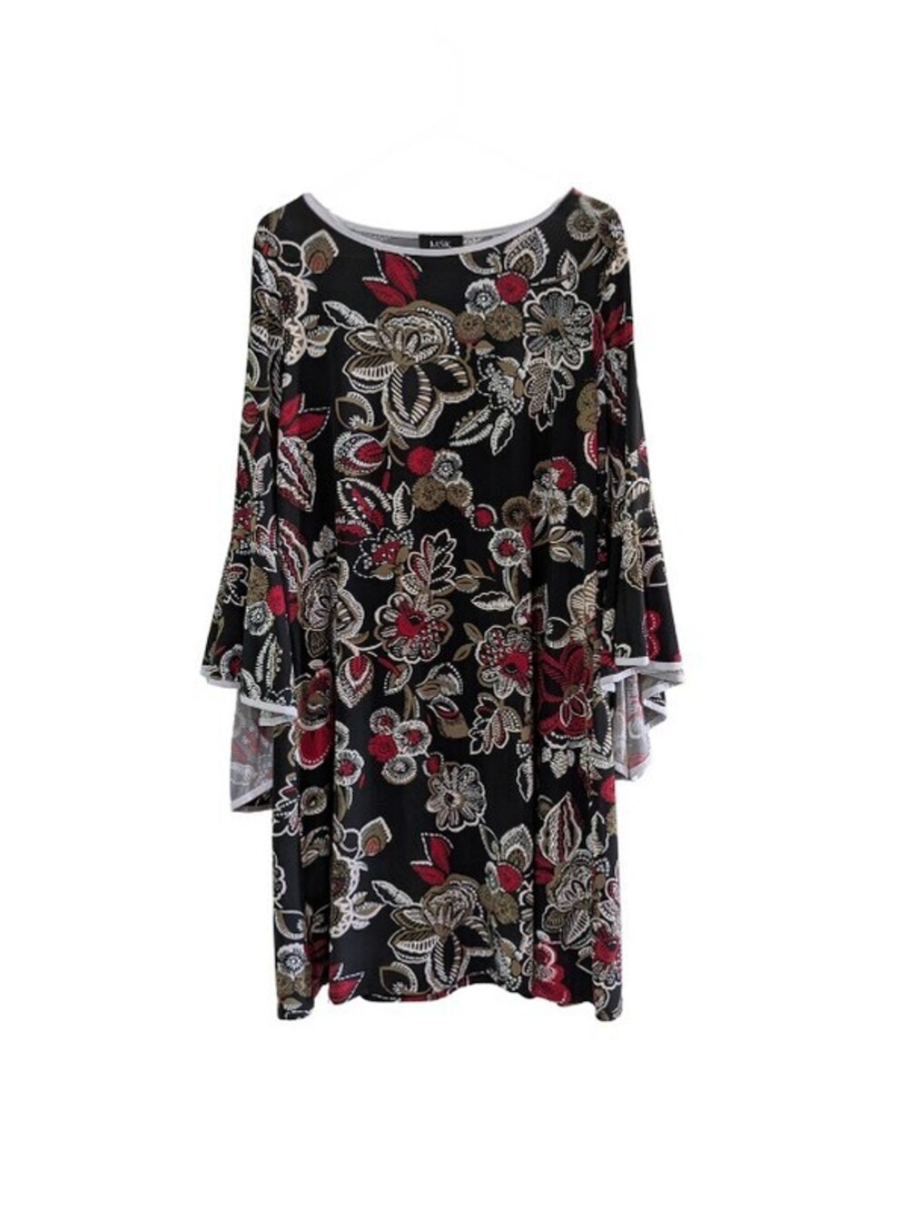 MSK Women's Floral Shift Dress, Black Red Cream, Large, Bell-Sleeves, Pull On